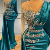 BXOXO Luxury Long Sleeve Mermaid Evening Dresses Sparkly Crystals Elegant Satin Dubai Women Formal Party Evening Gowns Sheer Neck